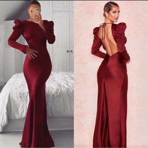 HOUSE OF CB Ottillie Sexy Open Back Puff Sleeves Silky Satin Red Maxi Gown Dress